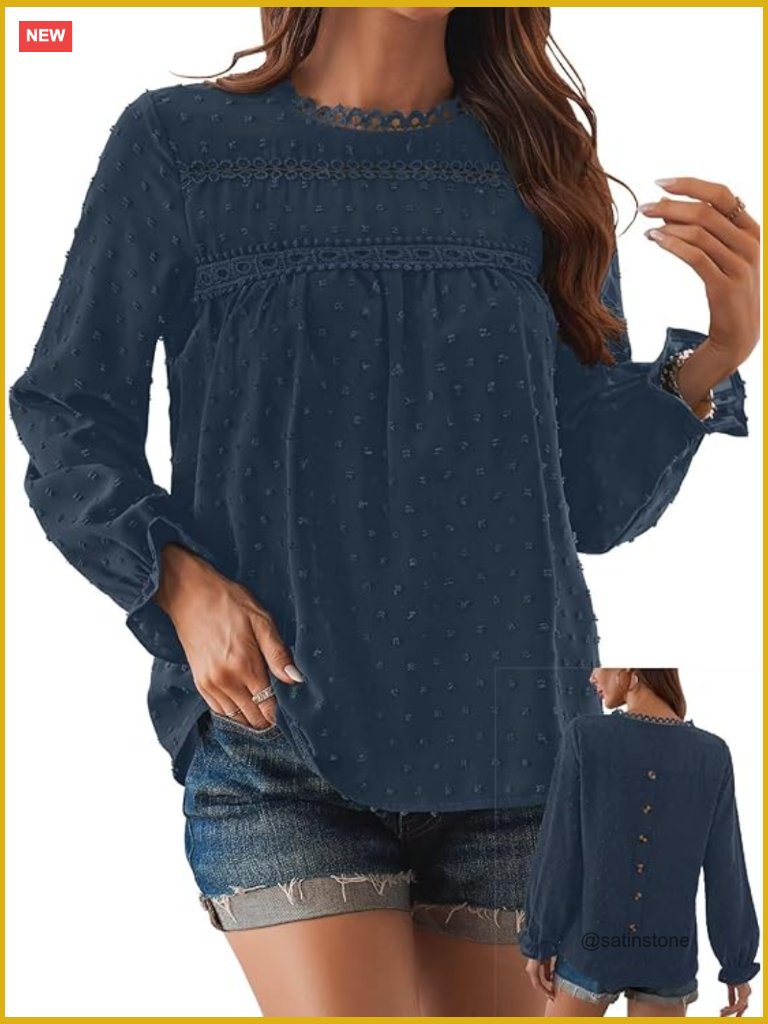 Long Sleeve Crewneck Blouse With Crochet Hollow Details Swiss Dot